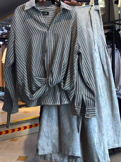 Women's Lapel Striped Print Long-Sleeved Shirt and High-Waisted Tie-Back A-Line Casual Cotton and Linen Skirt Set