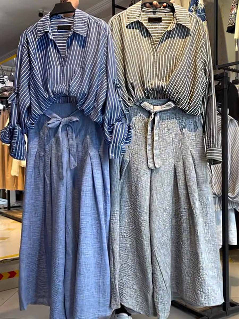 Women's Lapel Striped Print Long-Sleeved Shirt and High-Waisted Tie-Back A-Line Casual Cotton and Linen Skirt Set