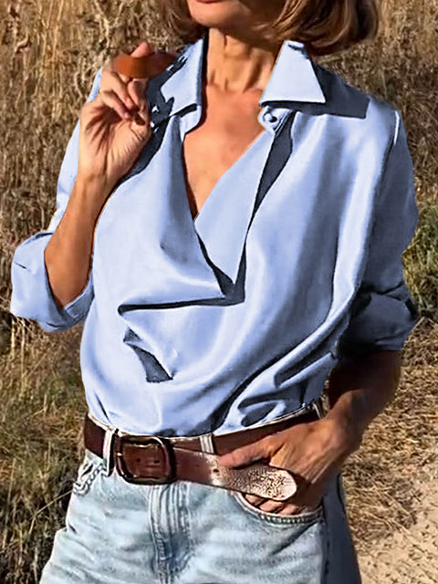 Women's Lapel Long Sleeve Solid Color Casual Satin Shirt