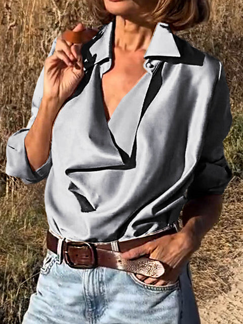 Women's Lapel Long Sleeve Solid Color Casual Satin Shirt