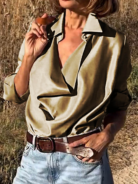 Women's Lapel Long Sleeve Solid Color Casual Satin Shirt