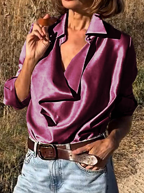 Women's Lapel Long Sleeve Solid Color Casual Satin Shirt