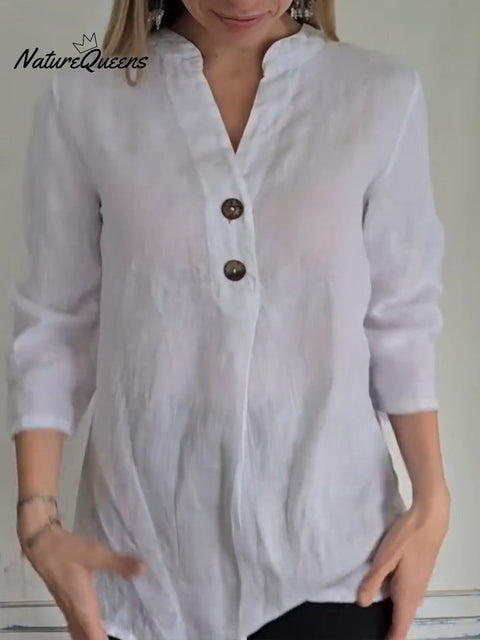 Women's Solid Color V-Neck 3/4 Sleeve Casual Cotton and Linen Top