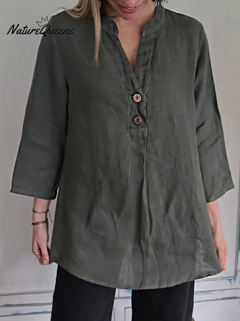 Women's Solid Color V-Neck 3/4 Sleeve Casual Cotton and Linen Top