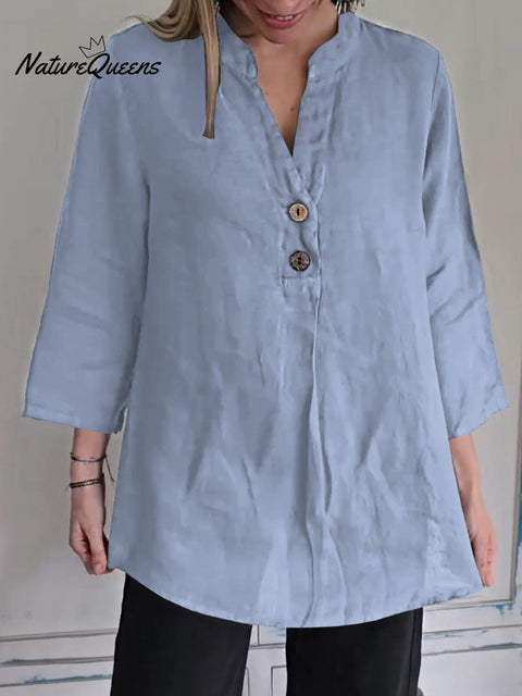 Women's Solid Color V-Neck 3/4 Sleeve Casual Cotton and Linen Top