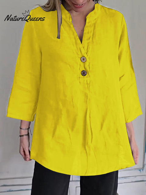 Women's Solid Color V-Neck 3/4 Sleeve Casual Cotton and Linen Top