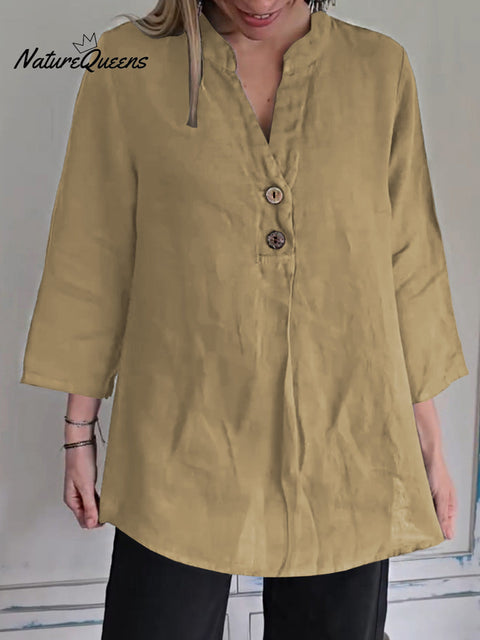 Women's Solid Color V-Neck 3/4 Sleeve Casual Cotton and Linen Top
