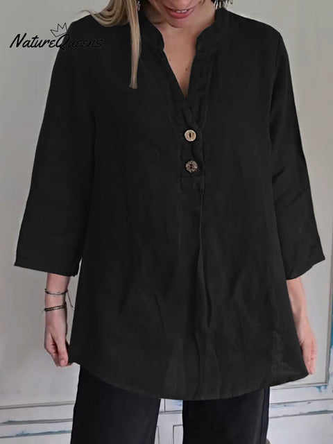 Women's Solid Color V-Neck 3/4 Sleeve Casual Cotton and Linen Top