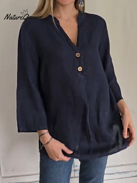 Women's Solid Color V-Neck 3/4 Sleeve Casual Cotton and Linen Top
