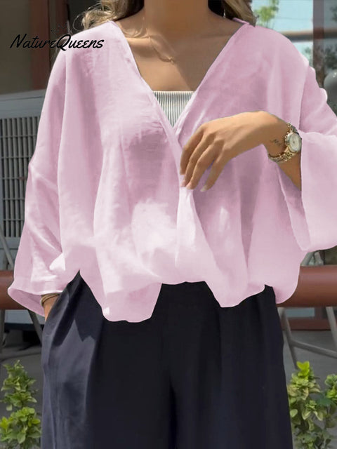 Women's Solid Color V-Neck 3/4 Sleeve Casual Loose Cotton and Linen Top