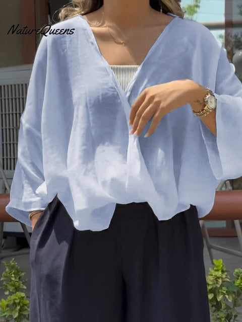 Women's Solid Color V-Neck 3/4 Sleeve Casual Loose Cotton and Linen Top