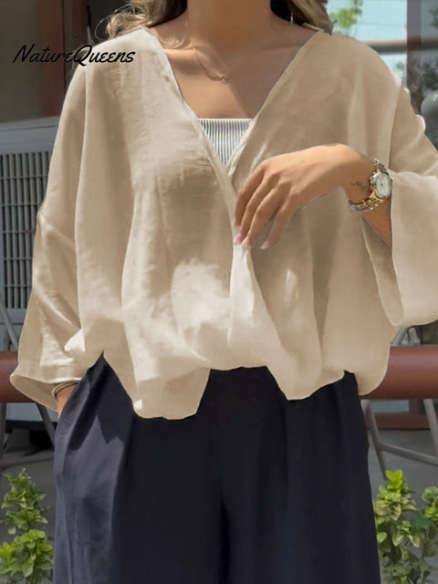 Women's Solid Color V-Neck 3/4 Sleeve Casual Loose Cotton and Linen Top