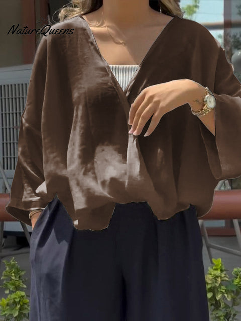 Women's Solid Color V-Neck 3/4 Sleeve Casual Loose Cotton and Linen Top