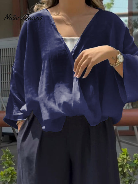 Women's Solid Color V-Neck 3/4 Sleeve Casual Loose Cotton and Linen Top