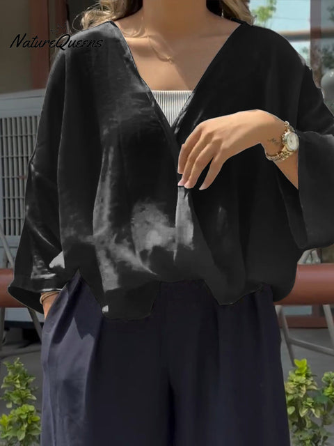 Women's Solid Color V-Neck 3/4 Sleeve Casual Loose Cotton and Linen Top