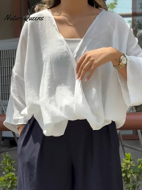 Women's Solid Color V-Neck 3/4 Sleeve Casual Loose Cotton and Linen Top