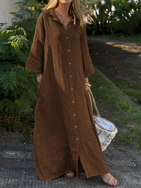 Women's Solid Color Shirt Collar 3/4 Sleeves Casual Loose Cotton and Linen Cardigan Dress