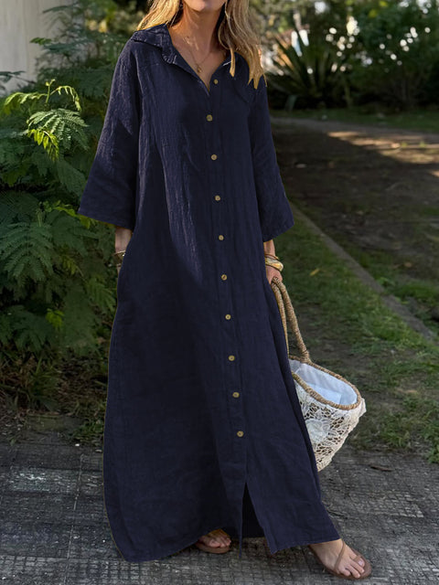Women's Solid Color Shirt Collar 3/4 Sleeves Casual Loose Cotton and Linen Cardigan Dress