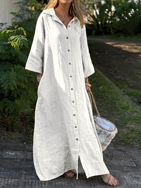 Women's Solid Color Shirt Collar 3/4 Sleeves Casual Loose Cotton and Linen Cardigan Dress