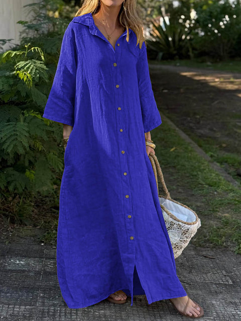 Women's Solid Color Shirt Collar 3/4 Sleeves Casual Loose Cotton and Linen Cardigan Dress