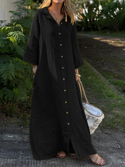 Women's Solid Color Shirt Collar 3/4 Sleeves Casual Loose Cotton and Linen Cardigan Dress