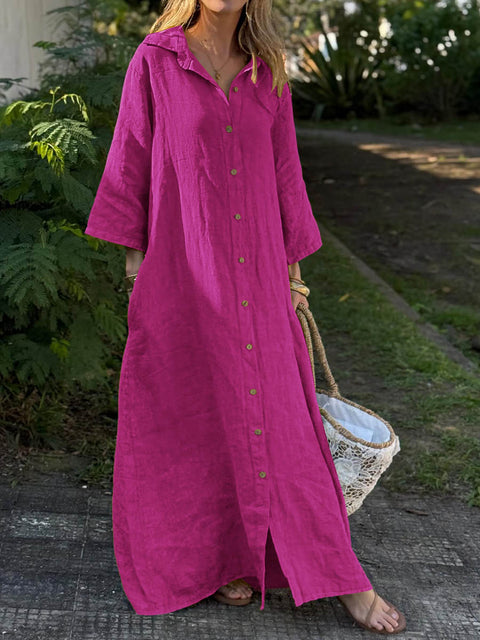 Women's Solid Color Shirt Collar 3/4 Sleeves Casual Loose Cotton and Linen Cardigan Dress