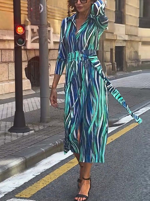Women's Shirt Collar Long Sleeve Abstract Geometric Print Waisted Hip Dress