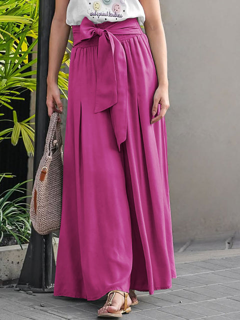 Women's Solid Color Elastic Waist Casual Cotton and Linen Lace-Up Wide-Leg Pants