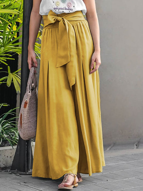 Women's Solid Color Elastic Waist Casual Cotton and Linen Lace-Up Wide-Leg Pants