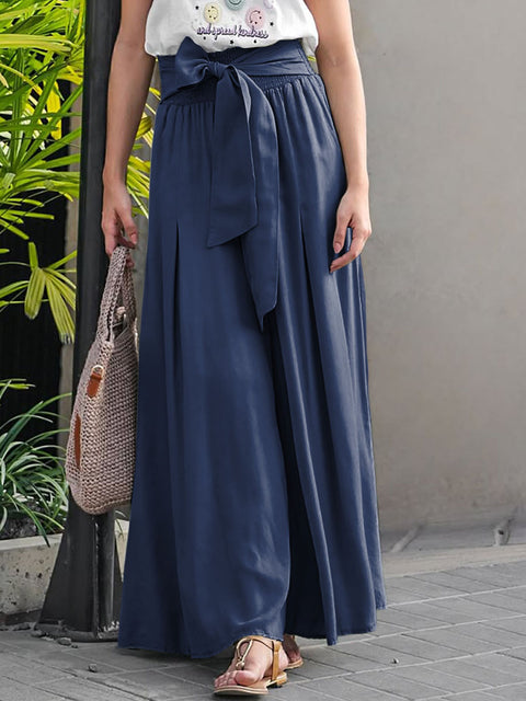 Women's Solid Color Elastic Waist Casual Cotton and Linen Lace-Up Wide-Leg Pants