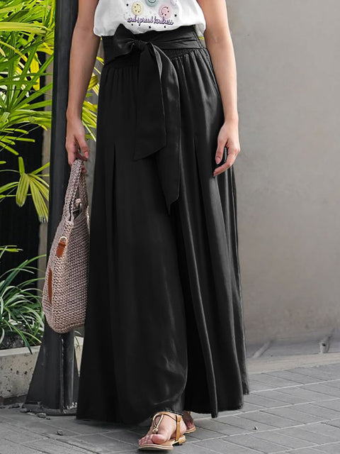 Women's Solid Color Elastic Waist Casual Cotton and Linen Lace-Up Wide-Leg Pants