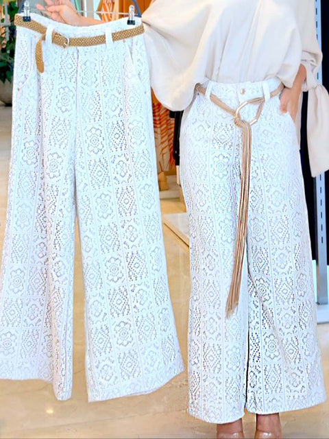 Women's High-Waisted Hollow Lace Embroidery Solid Color Wide-Leg Pants