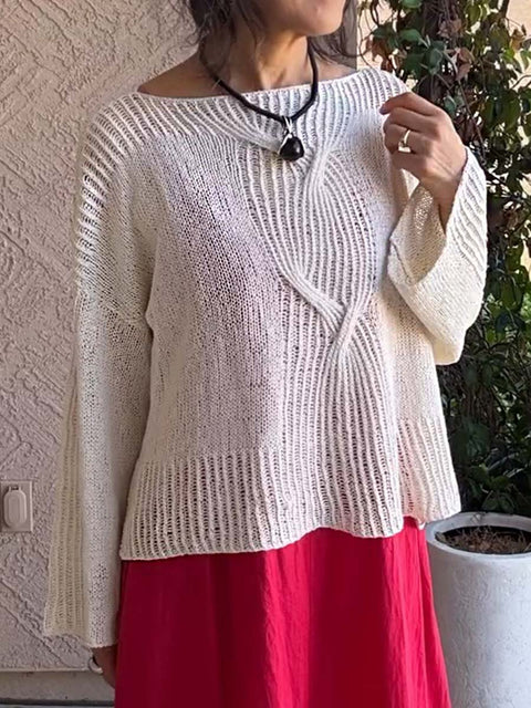 Women's Solid Color Boat Neck Long Sleeve Casual Knit Top