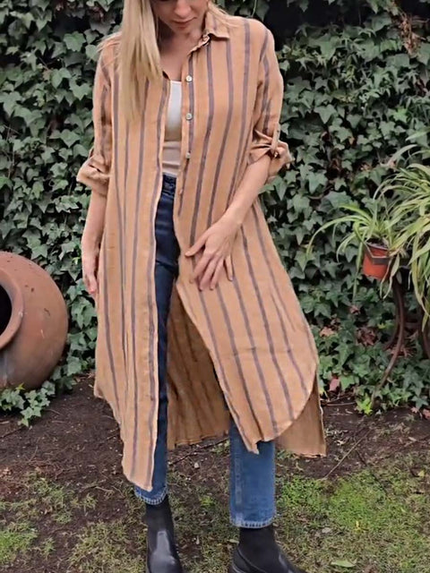 Women's Lapel Long Sleeve Striped Print Casual Cotton and Linen Shirt Dress