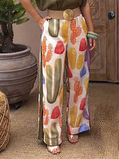 Women's Cactus Print High-Waisted Casual Cotton and Linen Wide-Leg Pants