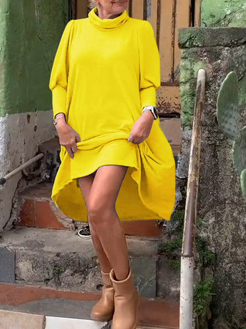 Women's Solid Color Turtleneck Long Sleeve Casual Loose Cotton Dress