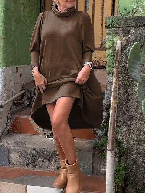 Women's Solid Color Turtleneck Long Sleeve Casual Loose Cotton Dress