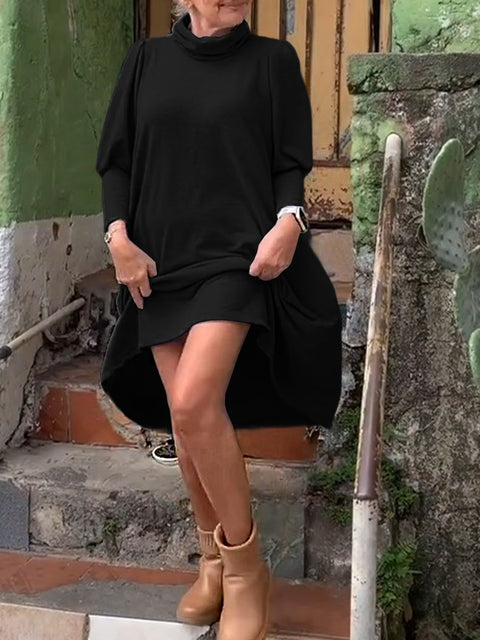 Women's Solid Color Turtleneck Long Sleeve Casual Loose Cotton Dress