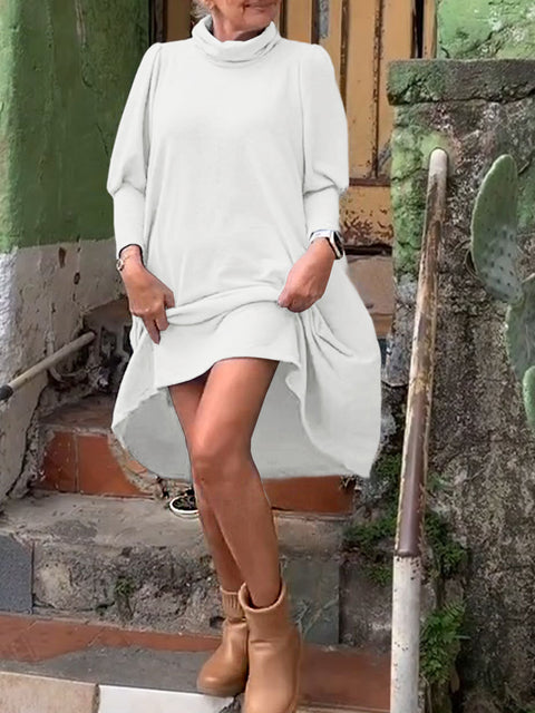 Women's Solid Color Turtleneck Long Sleeve Casual Loose Cotton Dress