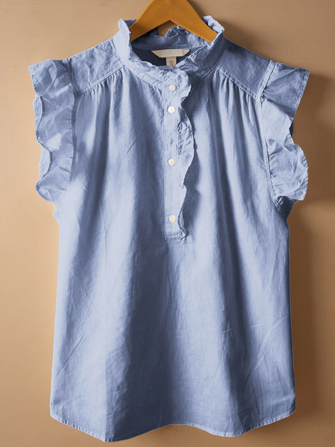 Women's Solid Color Stand Collar Sleeveless Casual Cotton and Linen Loose Top