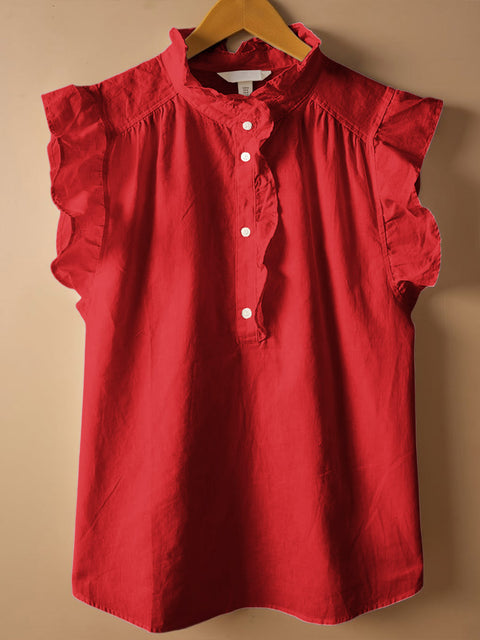 Women's Solid Color Stand Collar Sleeveless Casual Cotton and Linen Loose Top