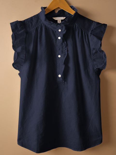 Women's Solid Color Stand Collar Sleeveless Casual Cotton and Linen Loose Top
