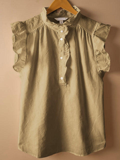 Women's Solid Color Stand Collar Sleeveless Casual Cotton and Linen Loose Top