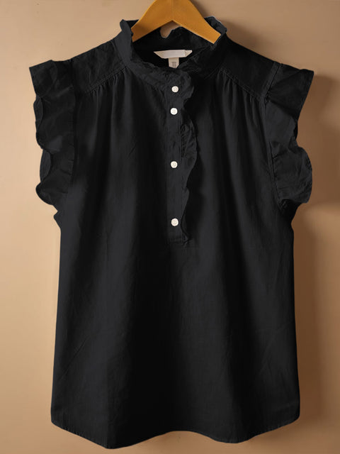Women's Solid Color Stand Collar Sleeveless Casual Cotton and Linen Loose Top