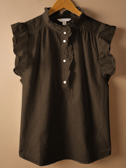 Women's Solid Color Stand Collar Sleeveless Casual Cotton and Linen Loose Top