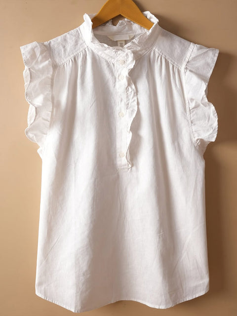 Women's Solid Color Stand Collar Sleeveless Casual Cotton and Linen Loose Top