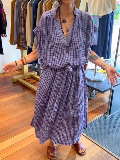 Women's Plaid Print V-Neck Short Sleeve Casual Cotton and Linen Loose Top Elastic Waist Casual Cotton and Linen Skirt Set