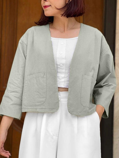 Women's Solid Color V-Neck 3/4 Sleeve Casual Cotton and Linen Loose Cardigan Top