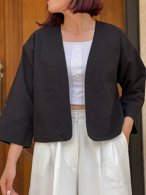 Women's Solid Color V-Neck 3/4 Sleeve Casual Cotton and Linen Loose Cardigan Top
