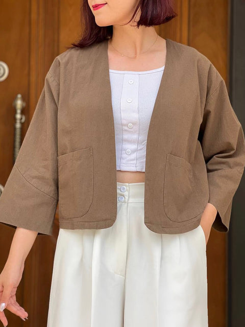 Women's Solid Color V-Neck 3/4 Sleeve Casual Cotton and Linen Loose Cardigan Top
